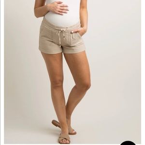 Beige Linen Maternity Shorts